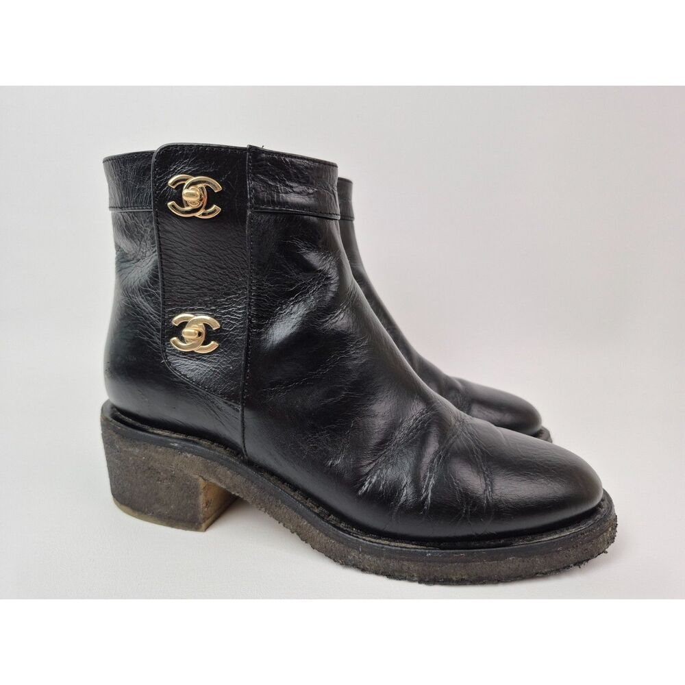 Chanel Women's Black Gold CC Turn Lock Ankle Boots Black Leather Size 38